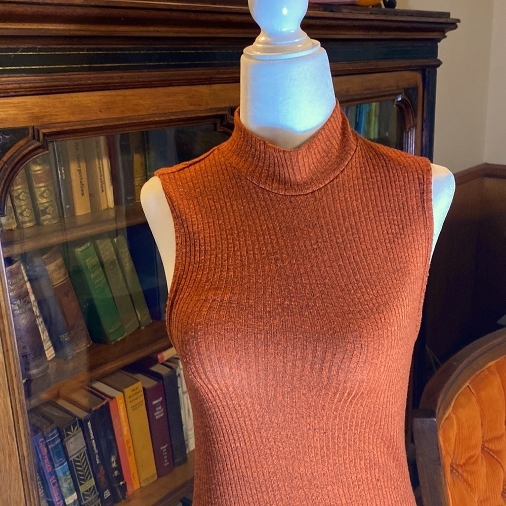 FOREVER 21 RIBBED SLEEVELESS MOCK TURTLENECK MINI DRESS ORANGE Sz S - Picture 10 of 11